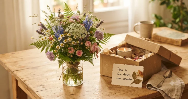 Buquê de flores do campo ao lado de caixa de presente aberta com cartão manuscrito, simbolizando um presente de Dia das Mães