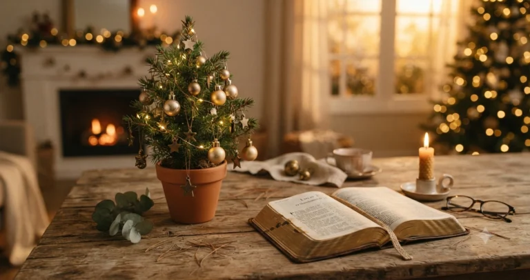 Árvore de Natal decorada com enfeites dourados ao lado de Bíblia aberta, simbolizando um Natal com fé