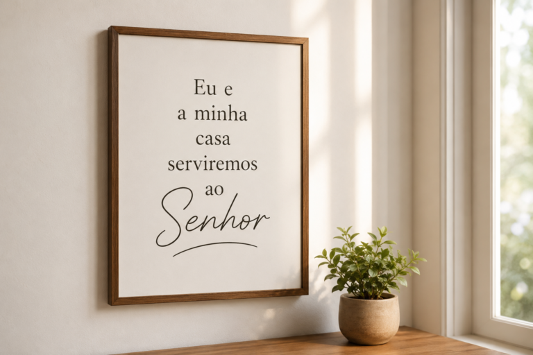 Quadro emoldurado com a frase "Eu e a minha casa serviremos ao Senhor" em tipografia elegante, pendurado em parede clara, com planta pequena ao lado