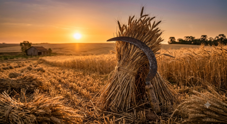 Campo de trigo dourado ao entardecer com foice antiga apoiada contra um feixe de trigo