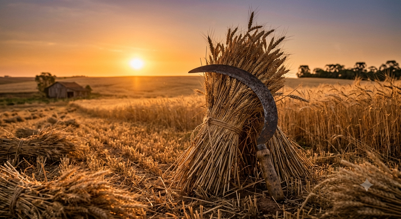 Campo de trigo dourado ao entardecer com foice antiga apoiada contra um feixe de trigo