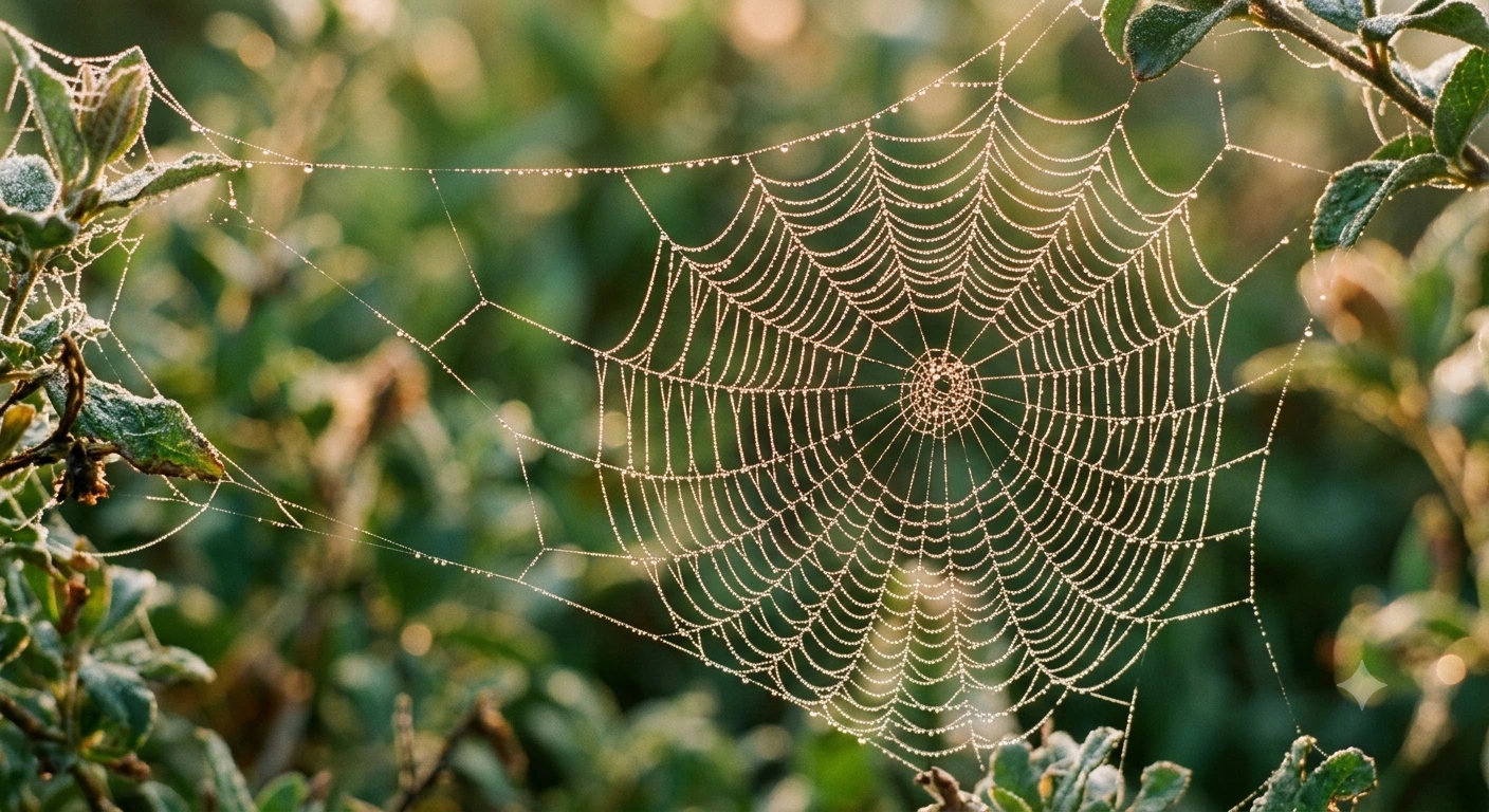 Teia de aranha coberta de gotas de orvalho brilhando com a luz da manhã, contra um fundo desfocado de folhas verdes