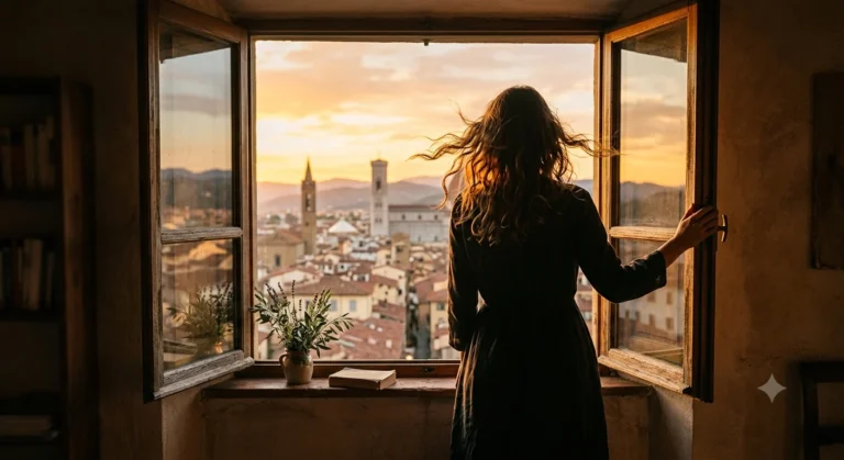 Silhueta de mulher vista de costas em janela aberta, cabelo solto ao vento, luz dourada do entardecer