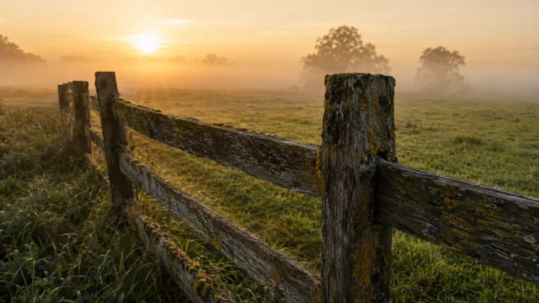 Cerca de madeira de pasto ao amanhecer com neblina baixa — sonhar com cavalo