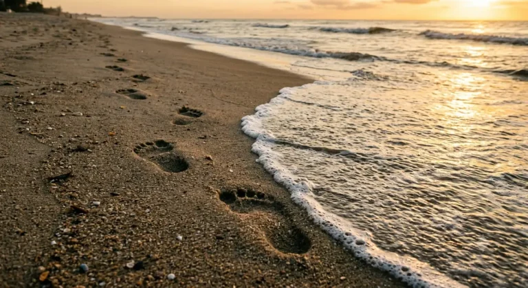 Pegadas na areia molhada apagando na beira da água — sonhar com mar
