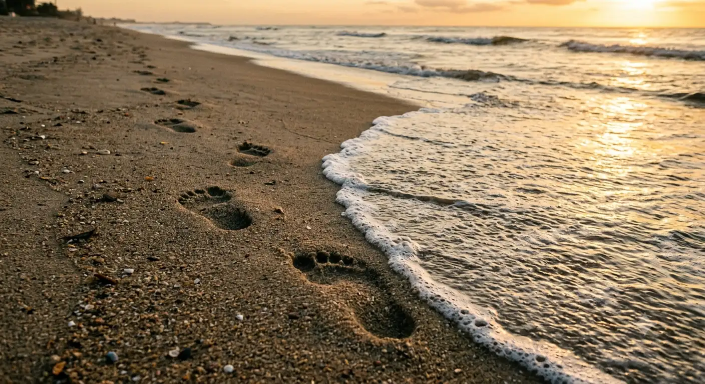 Pegadas na areia molhada apagando na beira da água — sonhar com mar