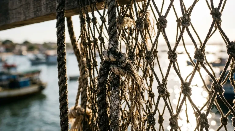 Rede de pesca de fio grosso pendurada para secar ao sol — sonhar com peixe