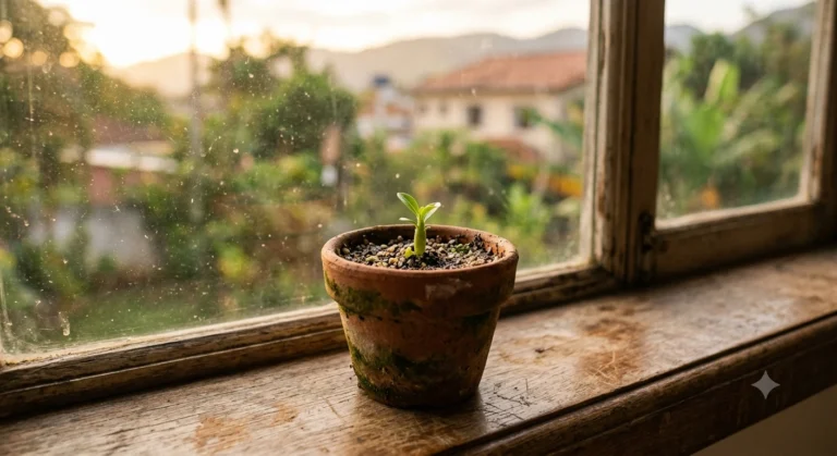 Broto verde novo nascendo em pequeno vaso de barro sobre parapeito de janela, luz da manhã