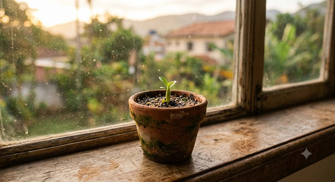 Broto verde novo nascendo em pequeno vaso de barro sobre parapeito de janela, luz da manhã