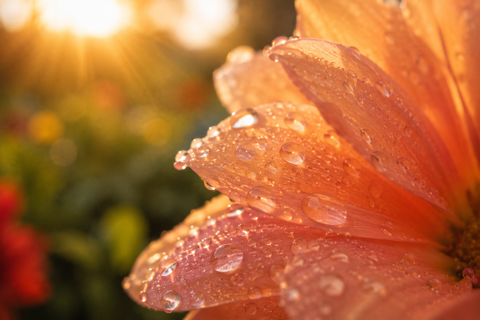 Gotas de chuva sobre pétala de flor com luz do sol ao fundo, simbolizando esperança depois da tristeza