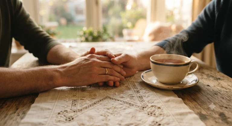 Mãos entrelaçadas de um casal sobre mesa de madeira rústica, com xícara de chá quente e caminho de mesa bordado