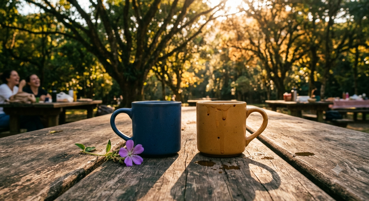 Duas xícaras sobre mesa ao ar livre, luz dourada, tema versículos para mães