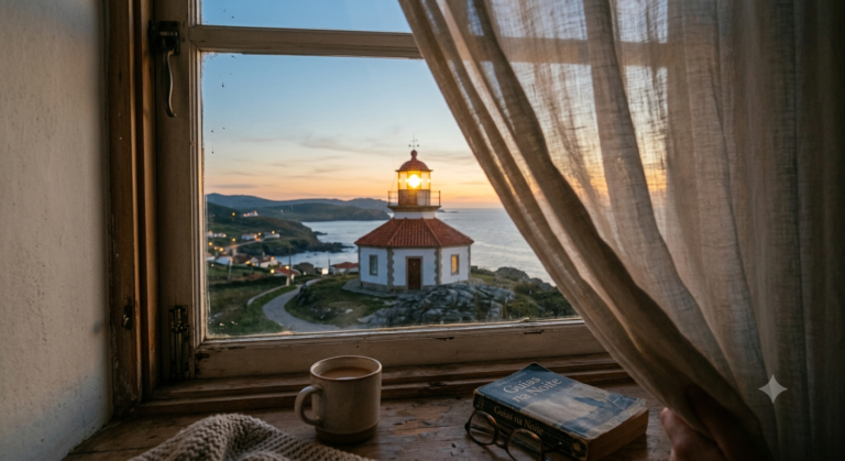Farol iluminado ao entardecer visto de uma janela, simbolizando segurança e orientação em meio ao medo