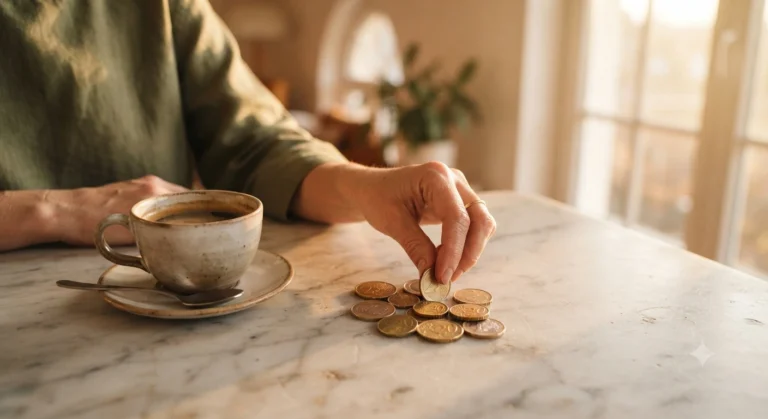 Mão organizando moedas sobre bancada de mármore, com xícara de café ao lado