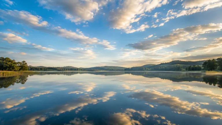 Reflexo de céu azul e nuvens suaves sobre superfície tranquila de um lago — sonhar com céu