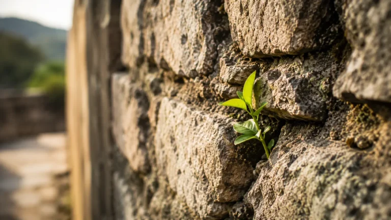 Pequeno broto verde surgindo entre pedras de um muro antigo — sonhar com milagre