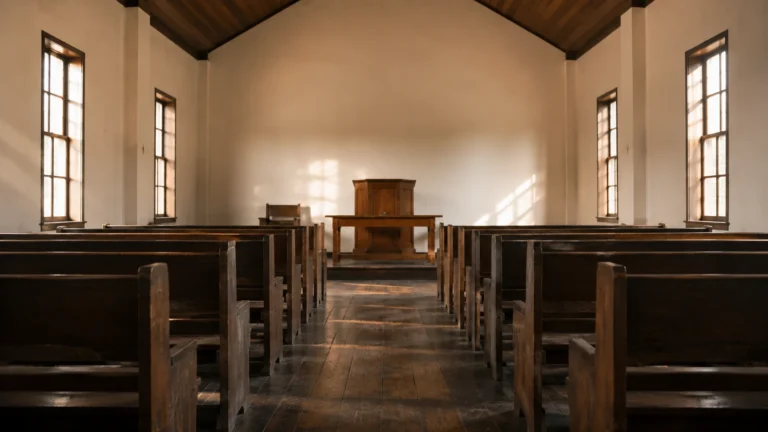 Púlpito simples com Bíblia aberta em igreja vazia sob luz suave — sonhar com pregação