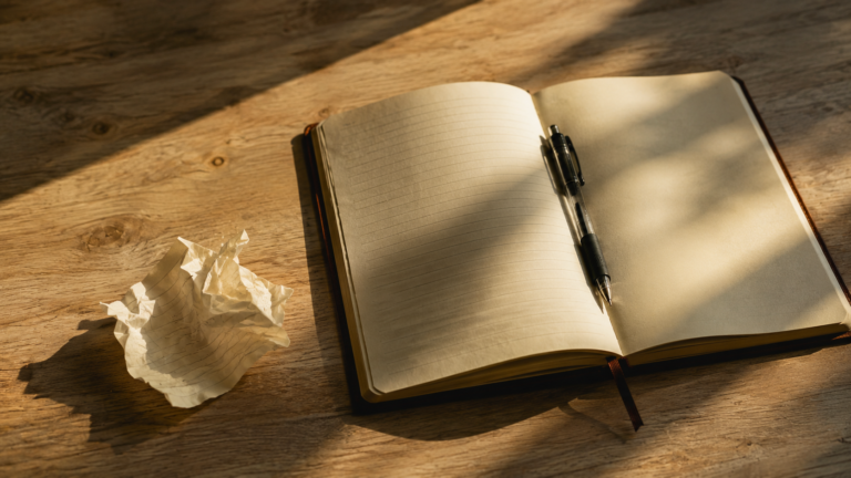 Caderno com página arrancada e uma nova em branco sobre mesa de madeira — recomeçar segundo a Bíblia