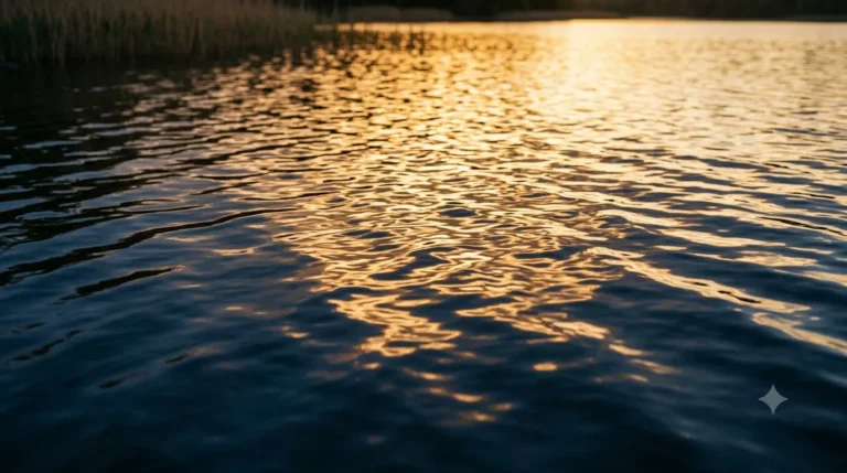 Superfície de água parada com reflexo de luz dourada — sonhar com batismo