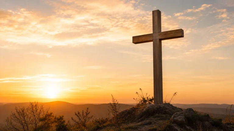 Cruz simples e lisa de madeira em uma colina ao amanhecer — sonhar com cruz