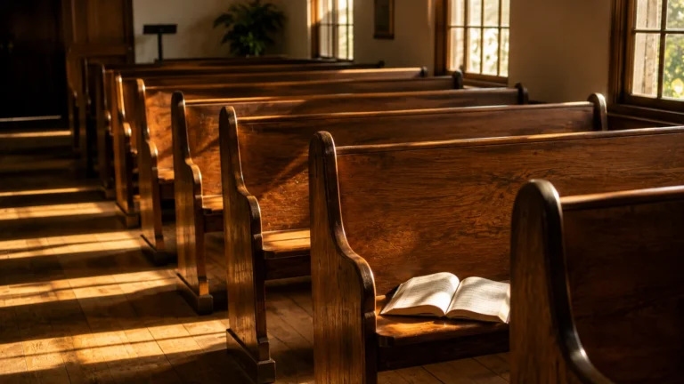 Bancos de madeira de igreja vazios com luz entrando pelas janelas — sonhar com culto