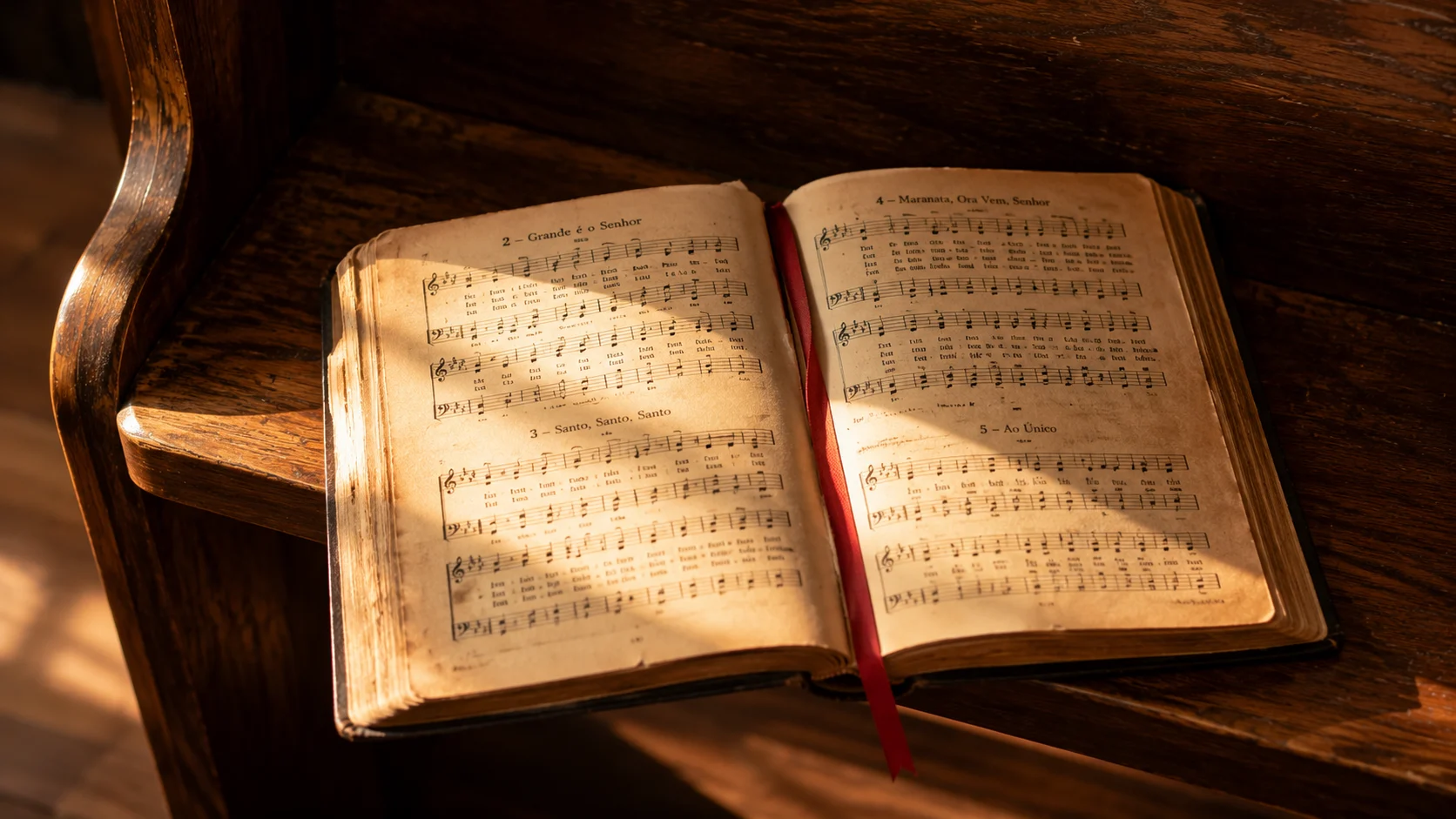 Hinário antigo aberto sobre banco de madeira de igreja — sonhar com hino