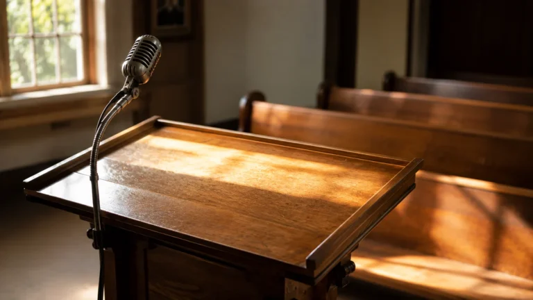 Púlpito de madeira vazio numa igreja iluminada pela manhã — sonhar com pastor
