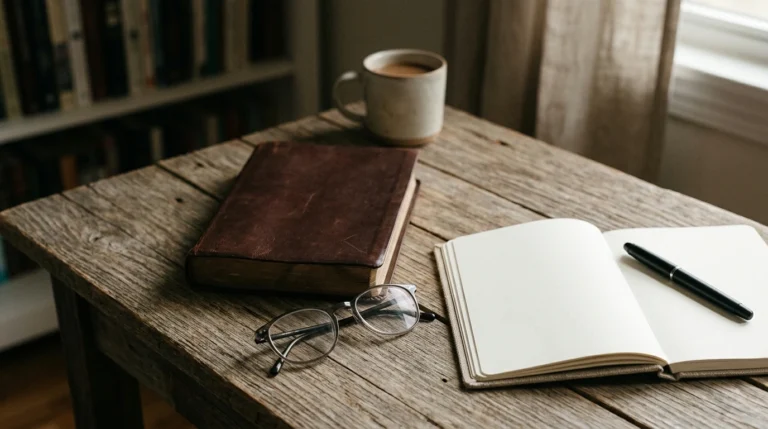 Bíblia de capa sóbria com óculos e caderno sobre mesa de leitura — Bíblia para homem