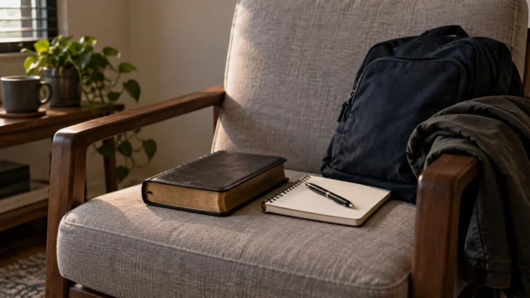 Bíblia, caderno e caneta sobre uma poltrona em ambiente simples, representando devocional para homens.