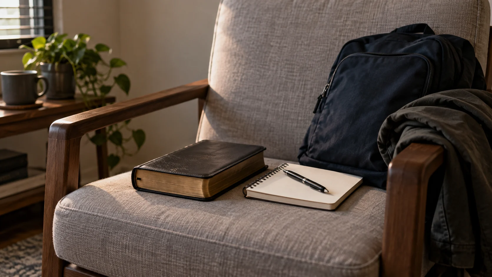 Bíblia, caderno e caneta sobre uma poltrona em ambiente simples, representando devocional para homens.