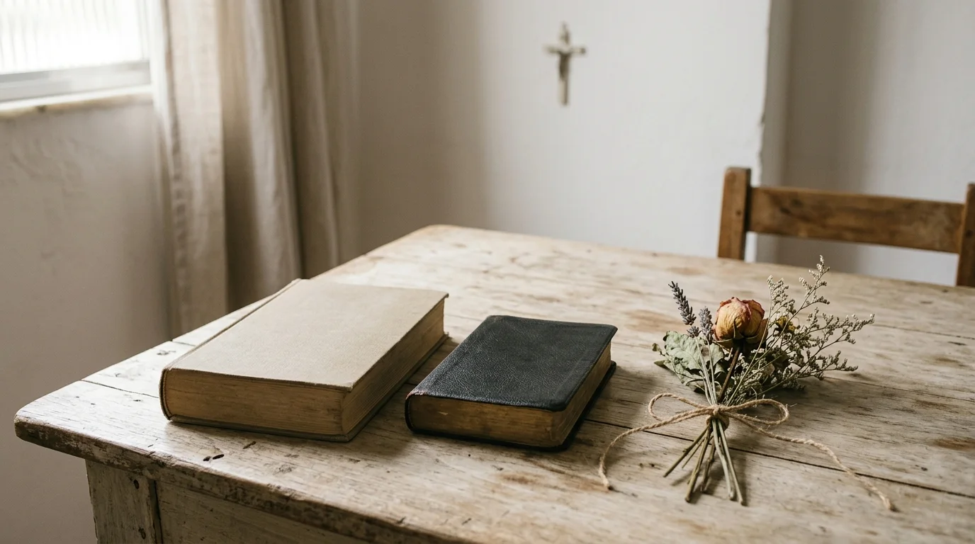 Livro fechado, Bíblia e flores secas em mesa iluminada suavemente — livros cristãos sobre luto