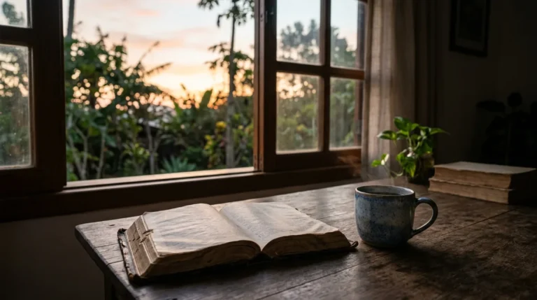 Bíblia aberta perto de uma janela onde entra a luz do amanhecer — desânimo espiritual