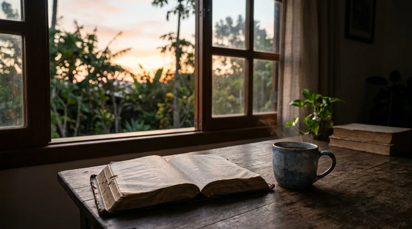 Bíblia aberta perto de uma janela onde entra a luz do amanhecer — desânimo espiritual