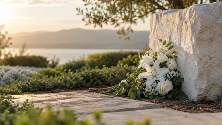 Memorial simples com flores brancas em ambiente sereno.