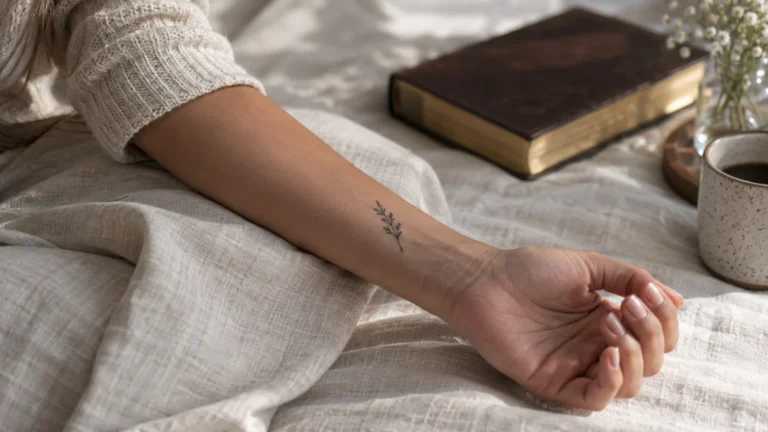Braço feminino com tatuagem discreta próximo a uma Bíblia.