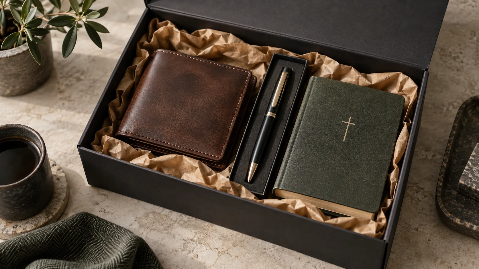 Caixa com opções de presentes cristãos masculinos.