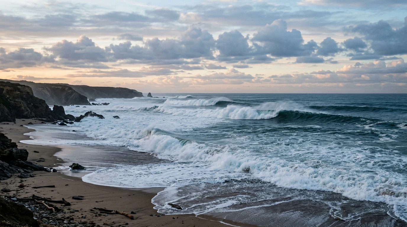 Ondas grandes no mar sob luz suave do amanhecer — sonhar com ondas