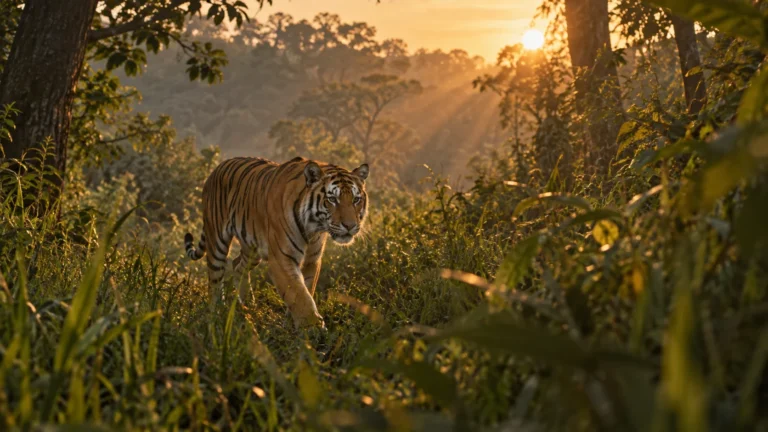 Tigre caminhando entre a vegetação ao amanhecer.