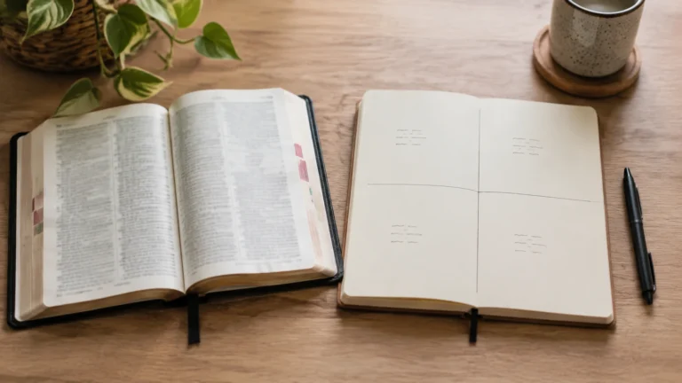 Bíblia aberta ao lado de caderno, caneta e xícara em uma mesa iluminada pela manhã — como fazer devocional diário