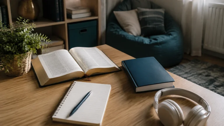Bíblia, devocional e caderno em mesa juvenil com fones ao lado — devocional para adolescentes