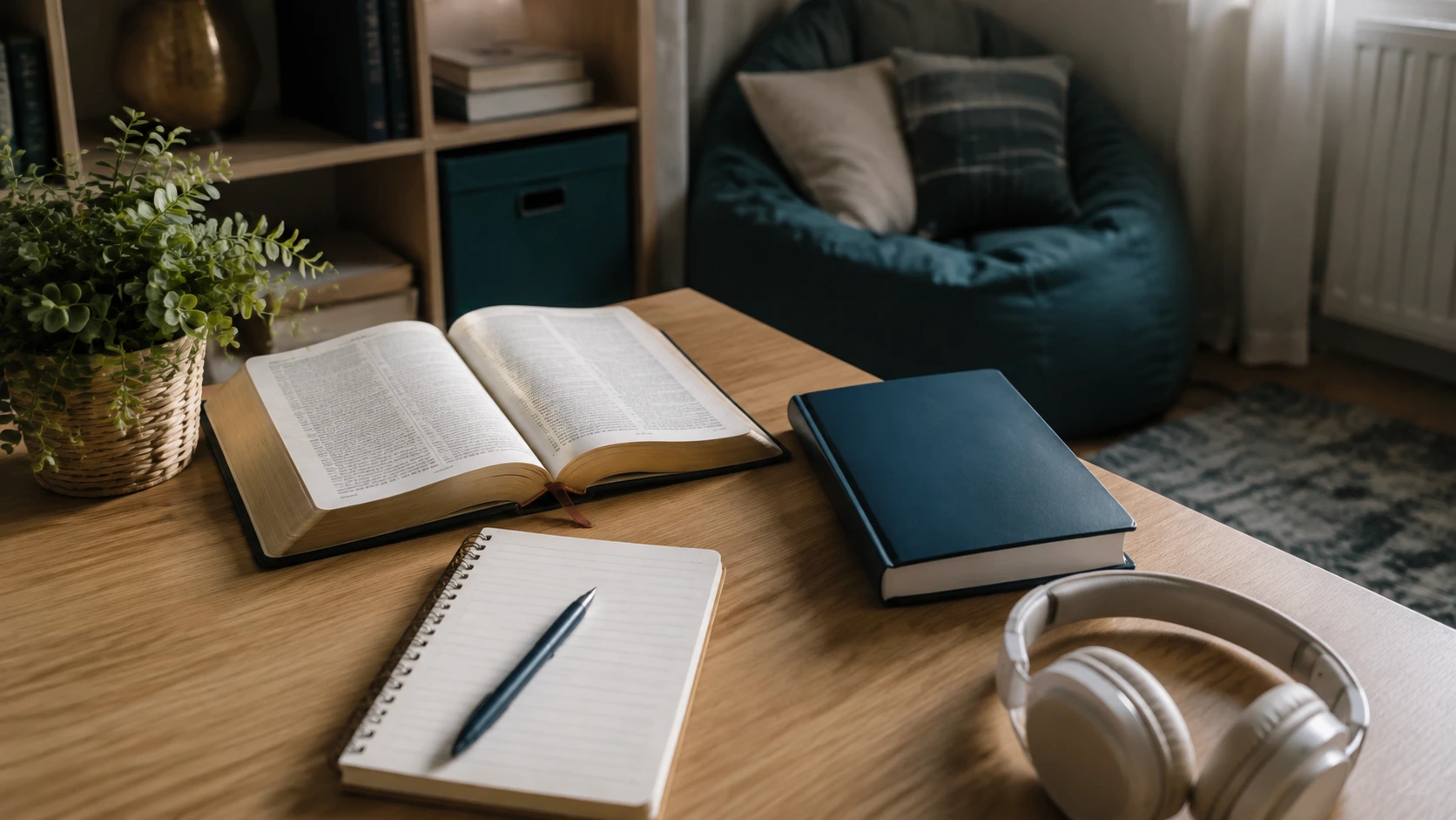 Bíblia, devocional e caderno em mesa juvenil com fones ao lado — devocional para adolescentes