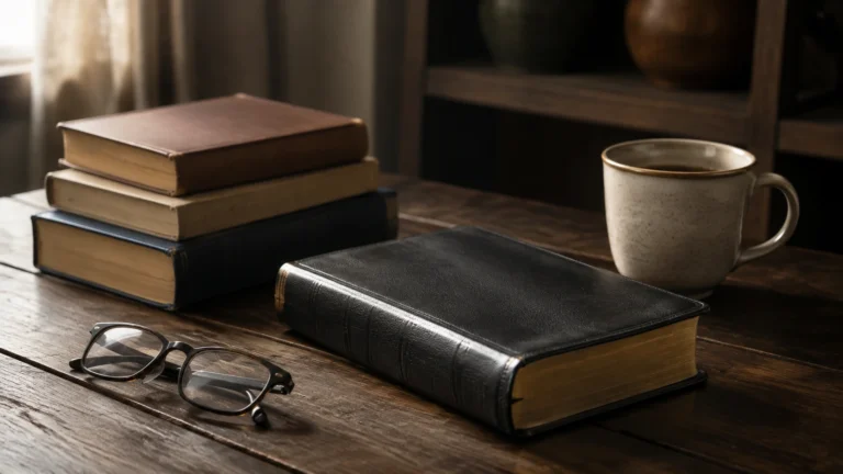 Pilha de livros cristãos com Bíblia, óculos e caneca sobre mesa — livros cristãos para homens