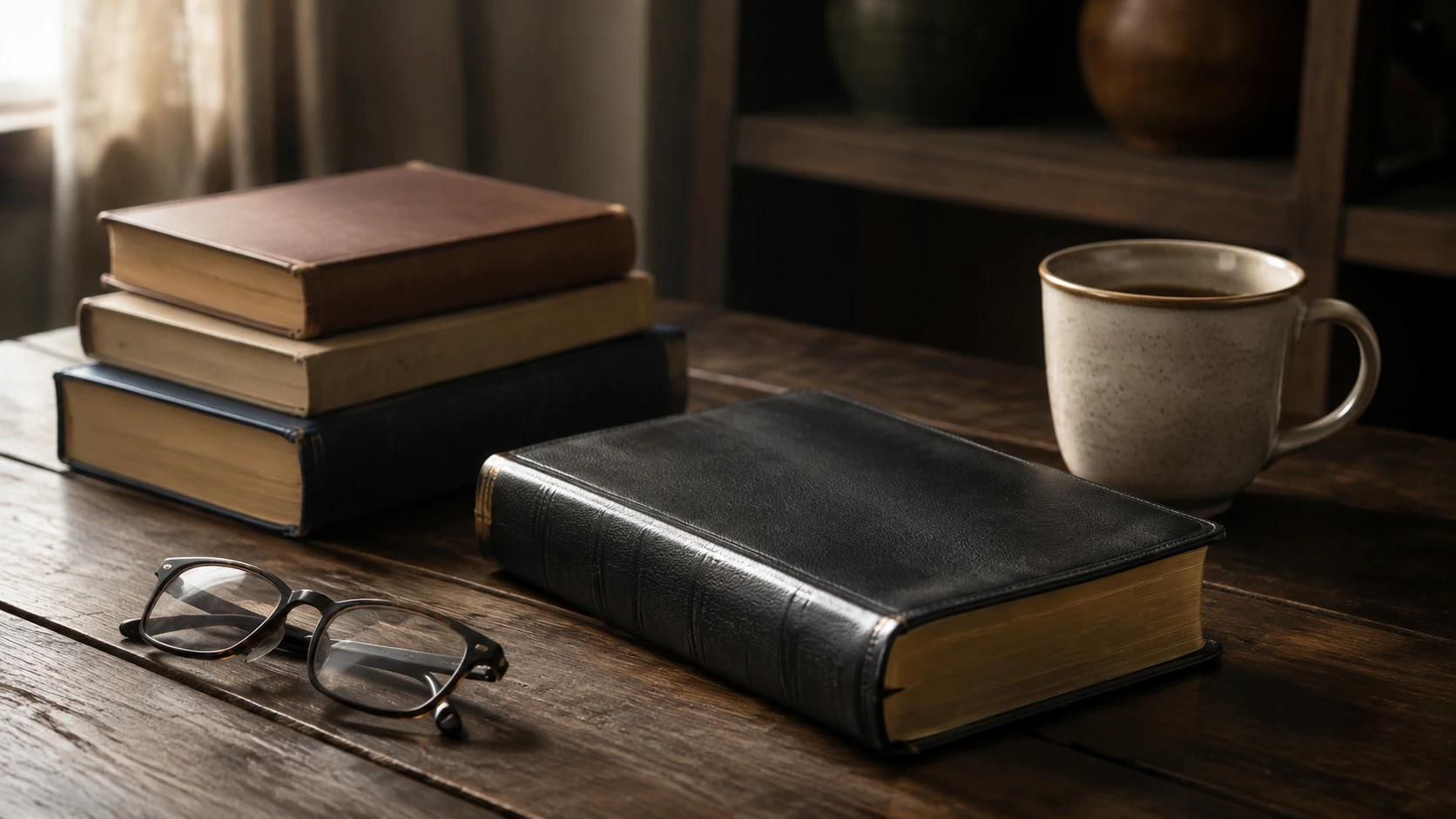 Pilha de livros cristãos com Bíblia, óculos e caneca sobre mesa — livros cristãos para homens