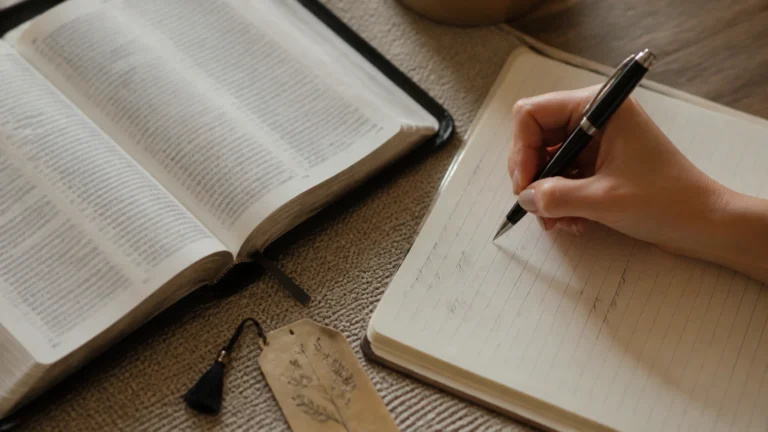 Mão anotando em caderno ao lado de Bíblia aberta — como fazer devocional no caderno