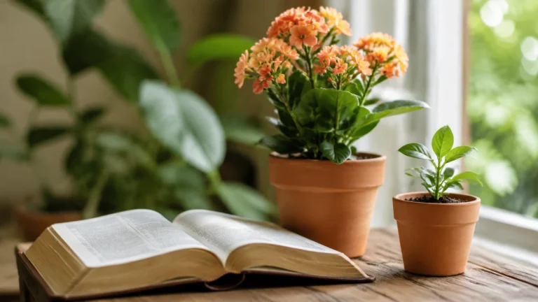 Duas plantas em diferentes fases de crescimento ao lado de Bíblia aberta — o que a Bíblia diz sobre inveja